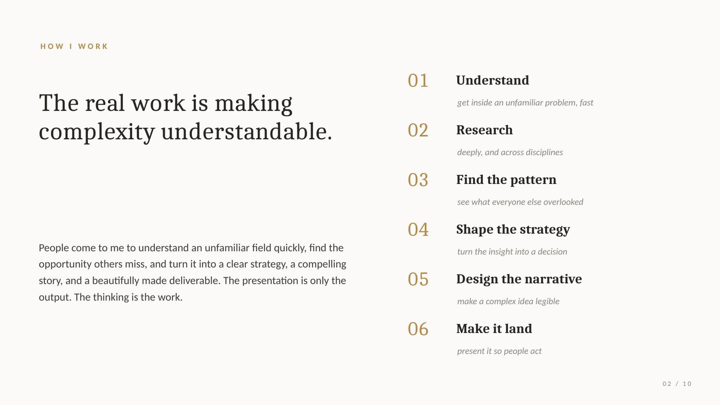 Deck slide: the real work is making complexity understandable.
