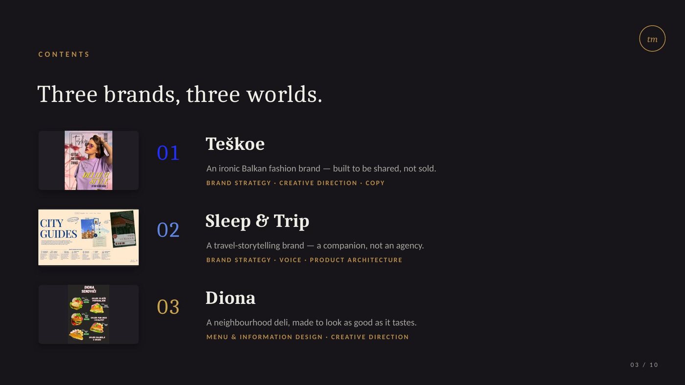 Deck contents slide: three brands, three worlds.