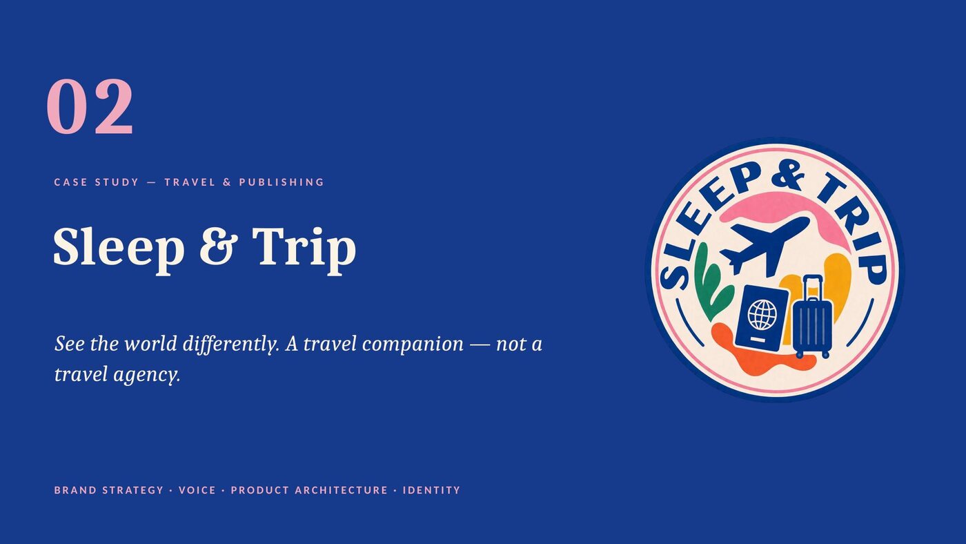 A deck slide on a bold azure ground: Sleep & Trip — see the world differently.