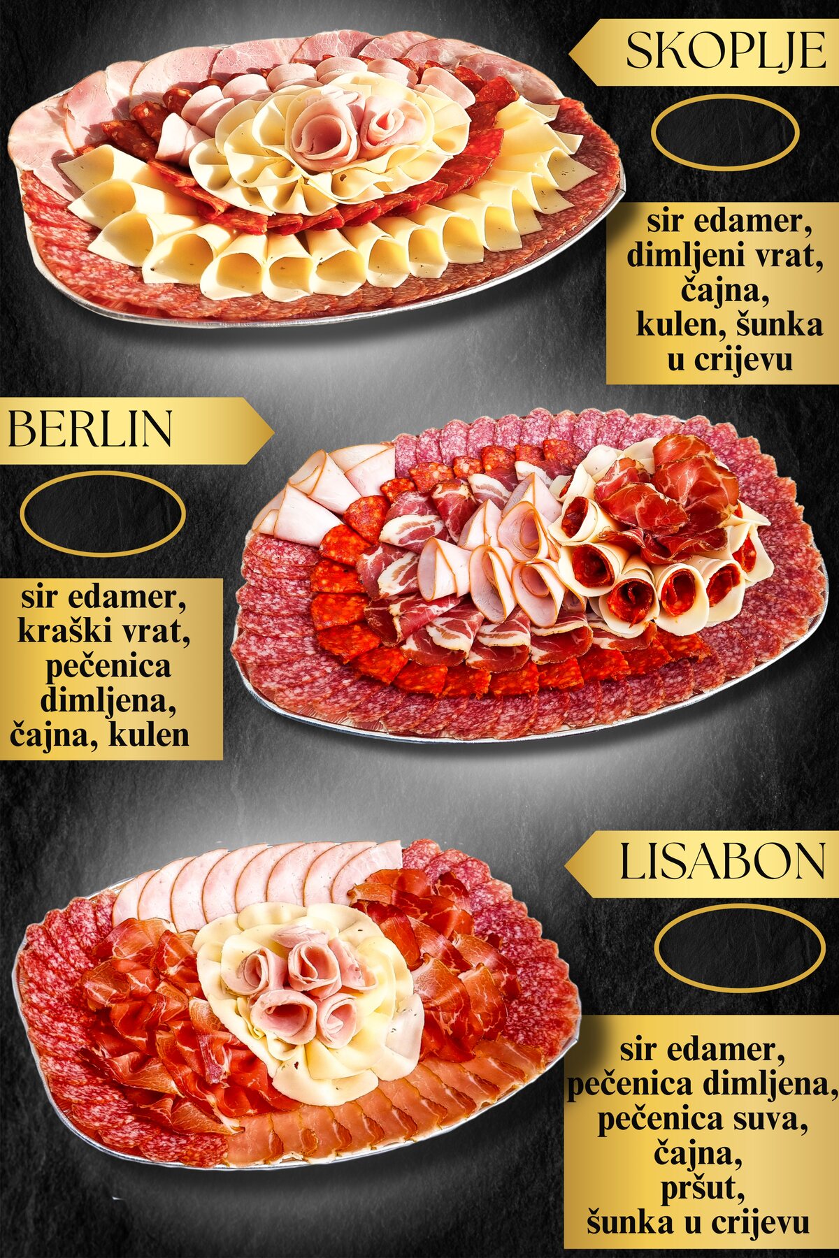 Diona charcuterie catalogue — platters plated on black, each named after a city.