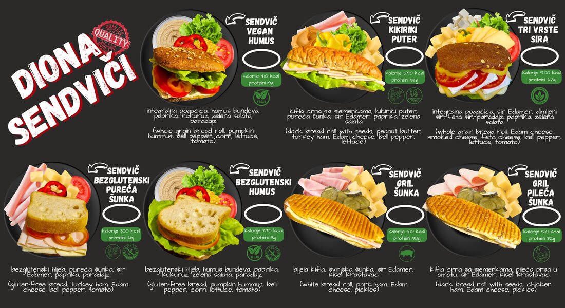 Diona in-store poster — the full sandwich range on charcoal, each item labelled with its make-up, calories and fresh, full-flavour promises.