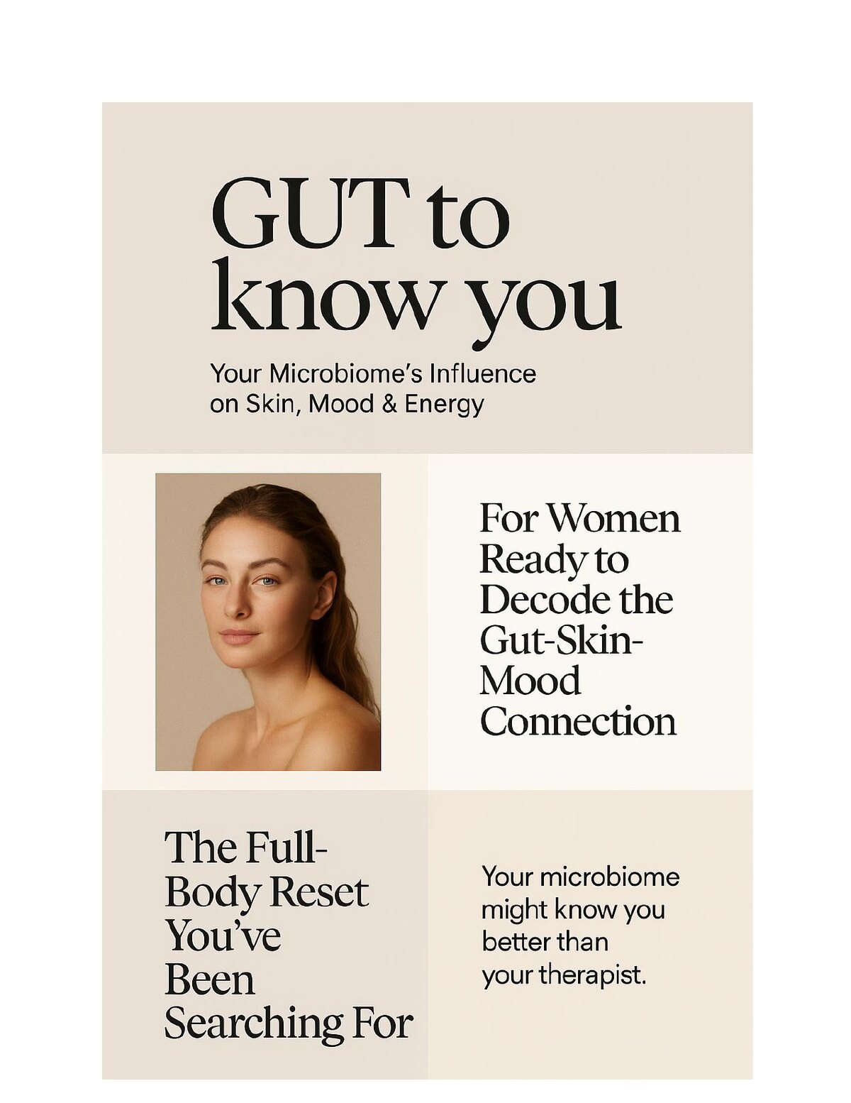 360° health vision editorial cover — 'GUT to know you: your microbiome's influence on skin, mood and energy', a warm, magazine-style spread.