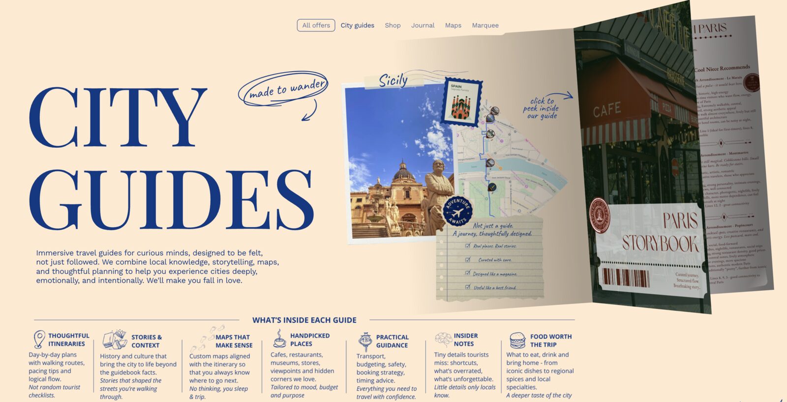 Sleep & Trip city guides spread, built like a magazine.