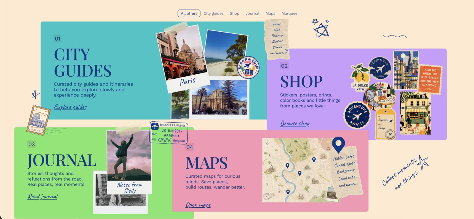 Sleep & Trip site: warm cream, colour-blocked offers, tilted polaroids and handwritten notes.